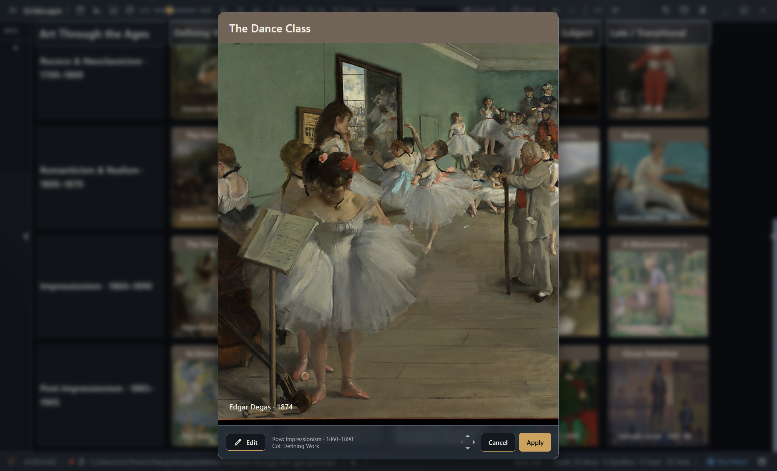 A single Gridscape cell opened into a full document, showing a Degas painting with its title and details.