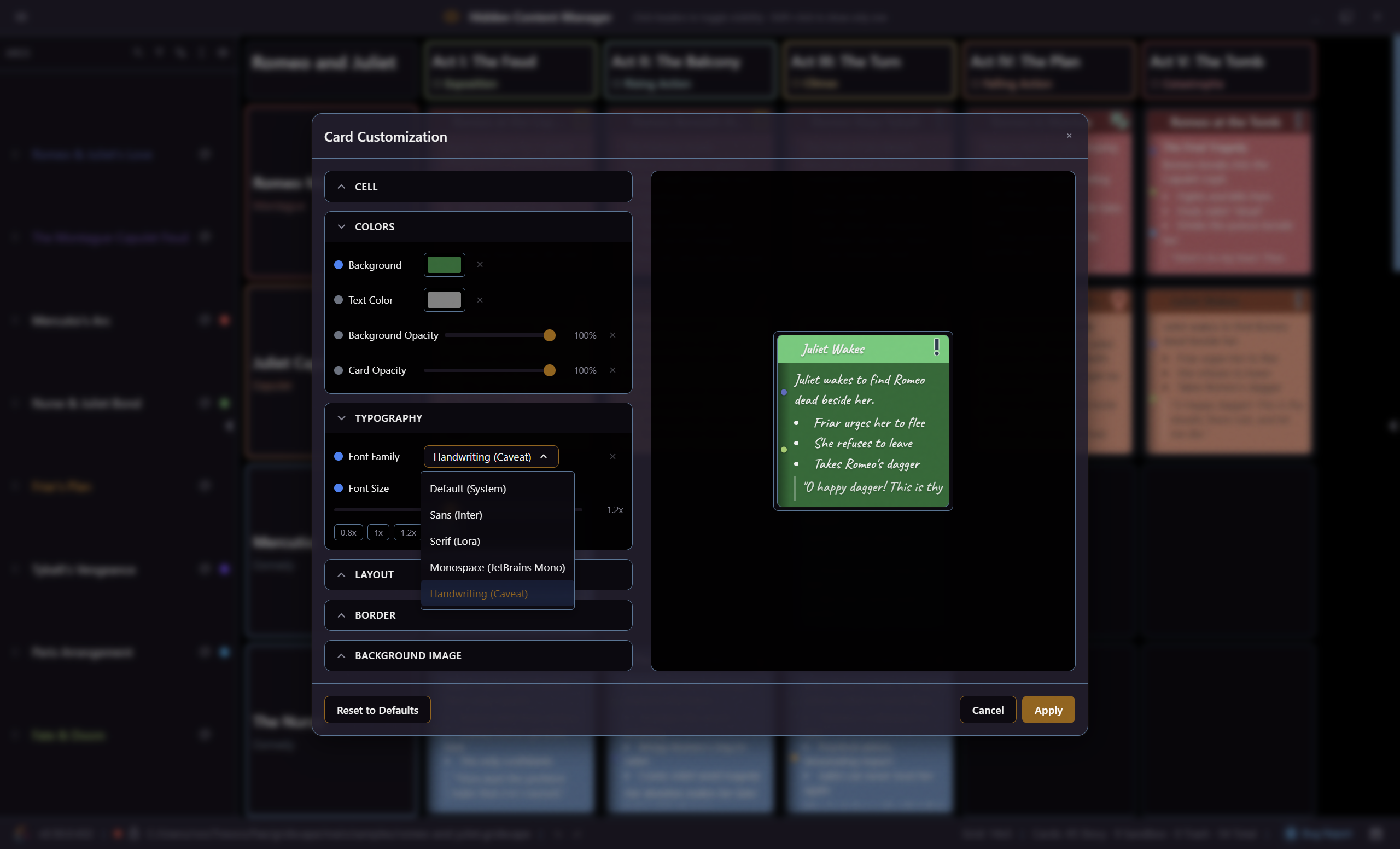 Gridscape's card customization dialog with a live preview, showing colour, badge, and styling controls.