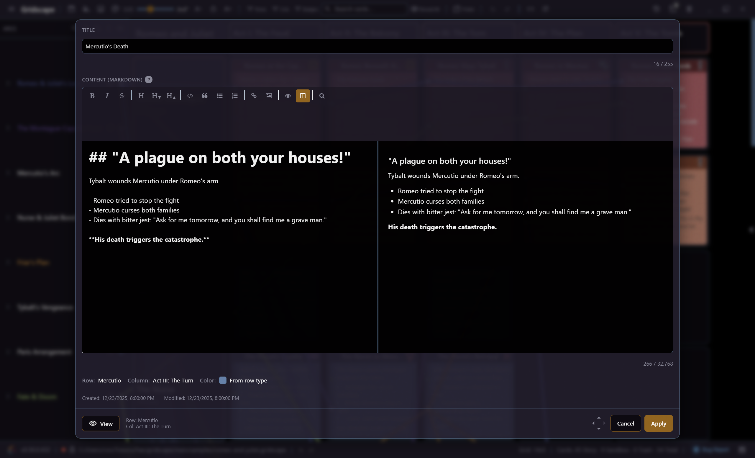 Gridscape's card editor, with a Markdown source pane on the left and a live rendered preview on the right.