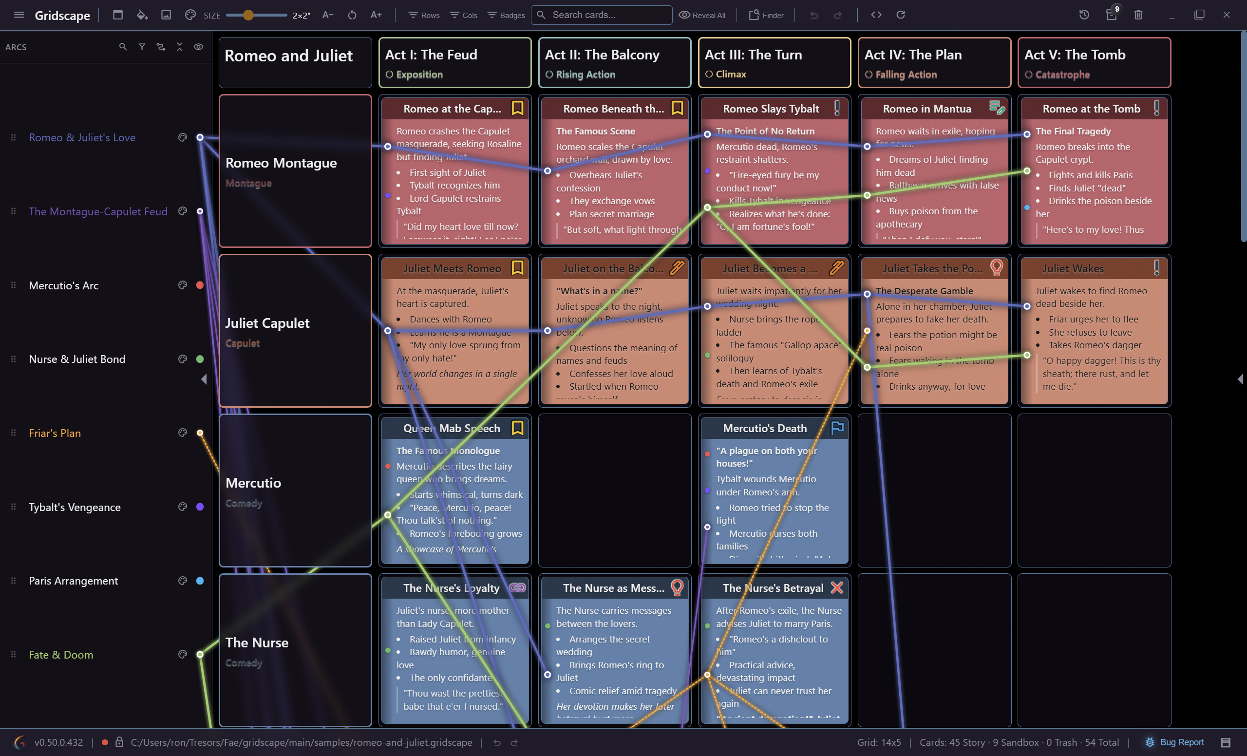 A Gridscape project plotting Romeo and Juliet. Scenes are laid out in a grid of coloured cards, with arcing thread lines connecting characters across the cells.