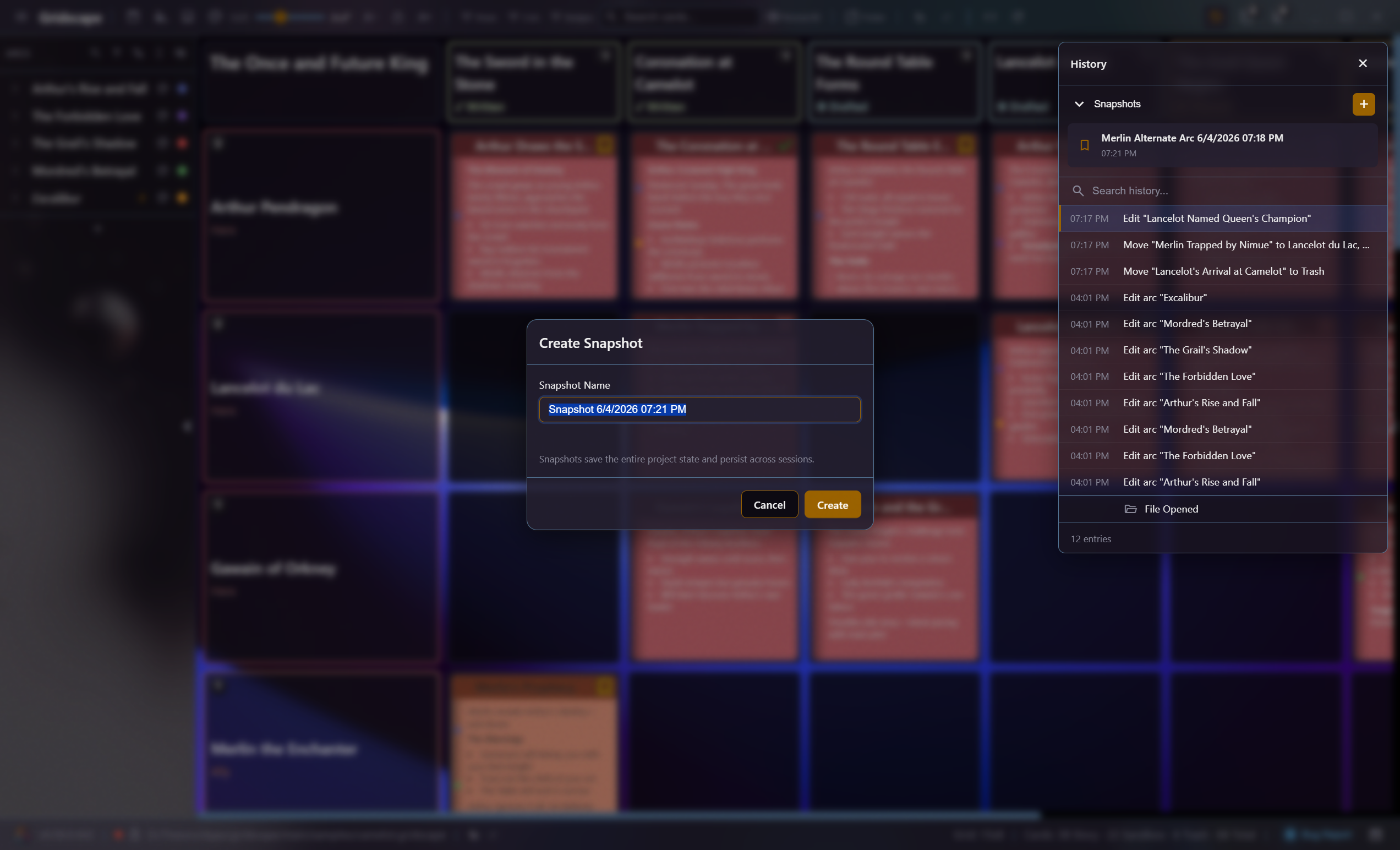 Gridscape's history panel showing a timeline of changes with named snapshots.